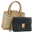 CELINE Macadam Canvas Hand Bag Leather 2 Set Black Beige Auth ar13912-1