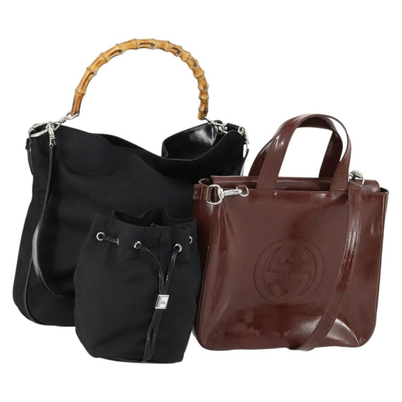 GUCCI Pouch Hand Bag Nylon Enamel 3 Set Black Brown Auth ar13915