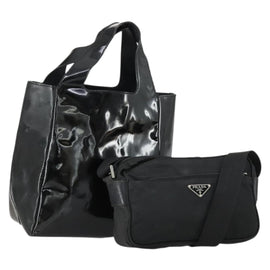PRADA Shoulder Bag Nylon Enamel 2 Set Black Auth ar13916