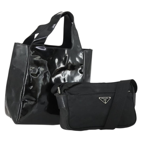 PRADA Shoulder Bag Nylon Enamel 2 Set Black Auth ar13916