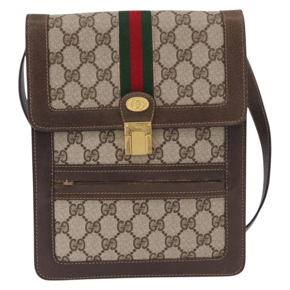 GUCCI GG Supreme Web Sherry Line Shoulder Bag PVC Beige Gold Auth ar13950