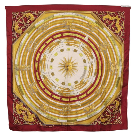 HERMES Carre 90 Scarf ""DIES ET HORE"" Silk Bordeaux Auth ar13966