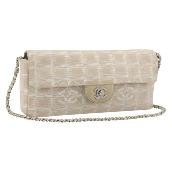 CHANEL New Travel Line Chain Shoulder Bag Canvas Beige Silver CC Auth ar14011SAV