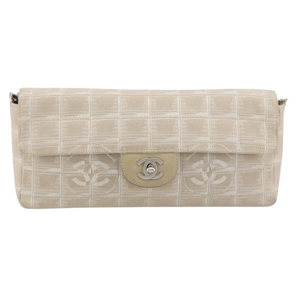 CHANEL New Travel Line Chain Shoulder Bag Canvas Beige Silver CC Auth ar14011SAV