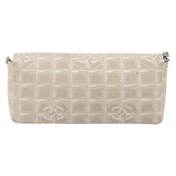 CHANEL New Travel Line Chain Shoulder Bag Canvas Beige Silver CC Auth ar14011SAV