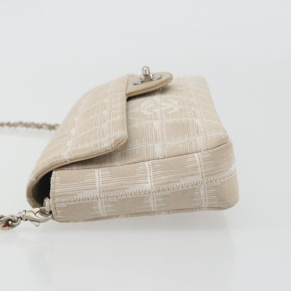 CHANEL New Travel Line Chain Shoulder Bag Canvas Beige Silver CC Auth ar14011SAV