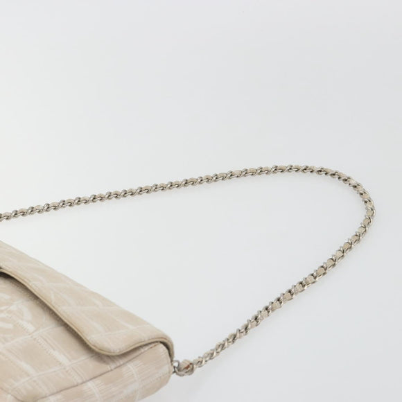 CHANEL New Travel Line Chain Shoulder Bag Canvas Beige Silver CC Auth ar14011SAV