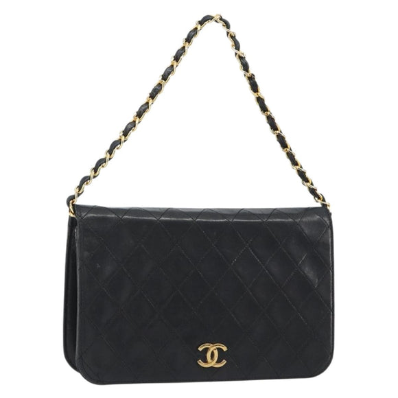 CHANEL Matelasse Chain Hand Bag Lamb Skin Black Gold CC Auth ar14020