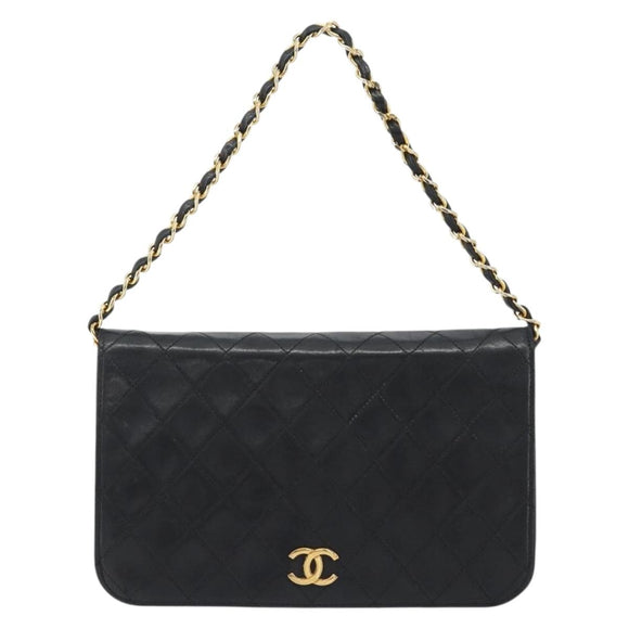 CHANEL Matelasse Chain Hand Bag Lamb Skin Black Gold CC Auth ar14020