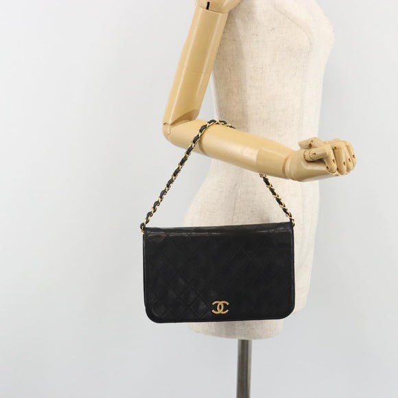 CHANEL Matelasse Chain Hand Bag Lamb Skin Black Gold CC Auth ar14020