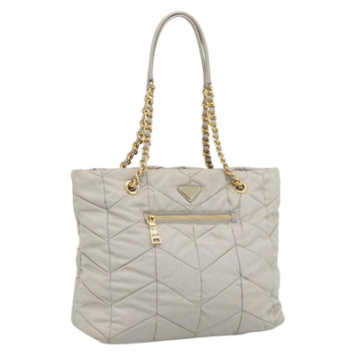 PRADA Chain Tote Bag Nylon Gray Gold Auth ar14053V