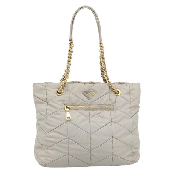 PRADA Chain Tote Bag Nylon Gray Gold Auth ar14053V