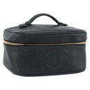 CHANEL COCO Mark Vanity Cosmetic Pouch Caviar Skin Black Gold CC Auth ar14059-1