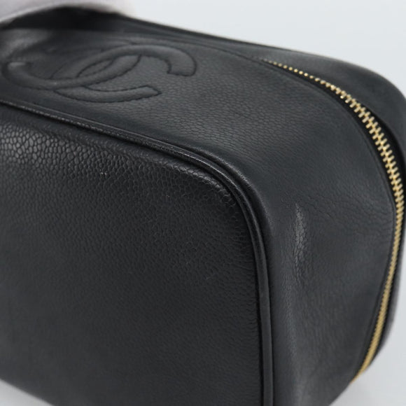 CHANEL COCO Mark Vanity Cosmetic Pouch Caviar Skin Black Gold CC Auth ar14059