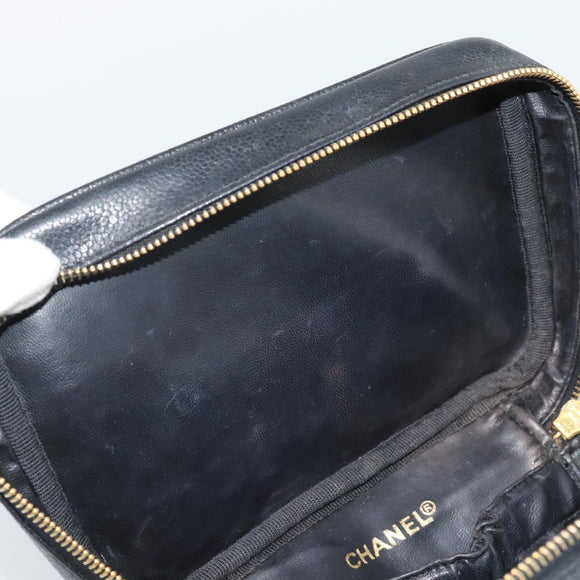 CHANEL COCO Mark Vanity Cosmetic Pouch Caviar Skin Black Gold CC Auth ar14059