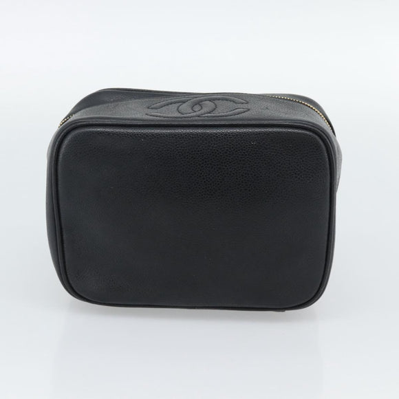 CHANEL COCO Mark Vanity Cosmetic Pouch Caviar Skin Black Gold CC Auth ar14059