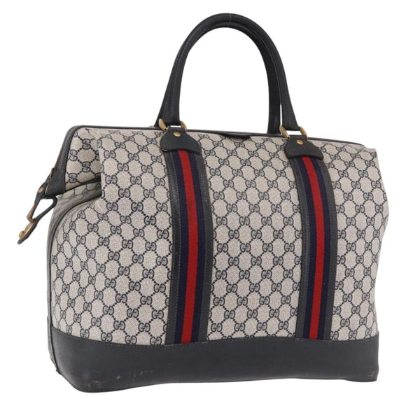 GUCCI GG Supreme Boston Bag PVC Leather Navy Gold Auth ar14078
