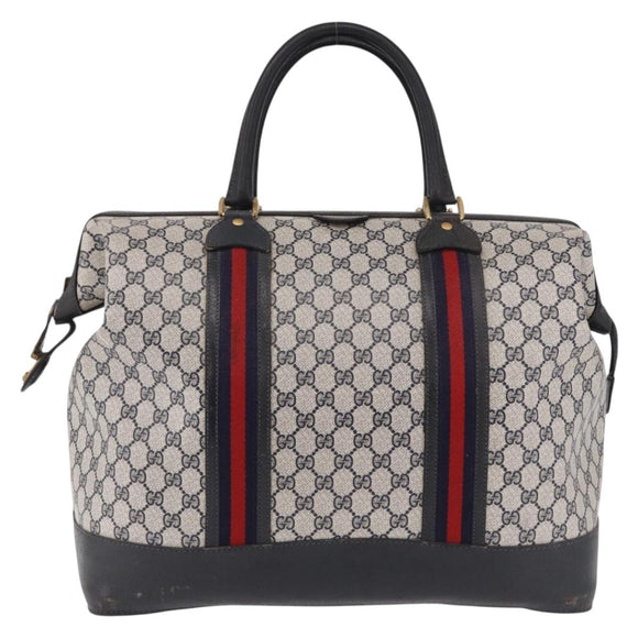 GUCCI GG Supreme Boston Bag PVC Leather Navy Gold Auth ar14078