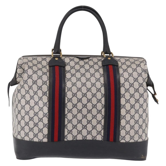 GUCCI GG Supreme Boston Bag PVC Leather Navy Gold Auth ar14078