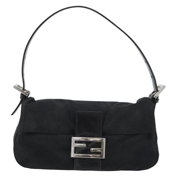 FENDI Mamma Baguette Shoulder Bag Cotton Black Silver Auth ar14086