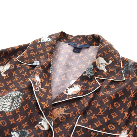 LOUIS VUITTON Catgram Long Sleeve Shirt Silk 40 Brown LV Auth ar14094