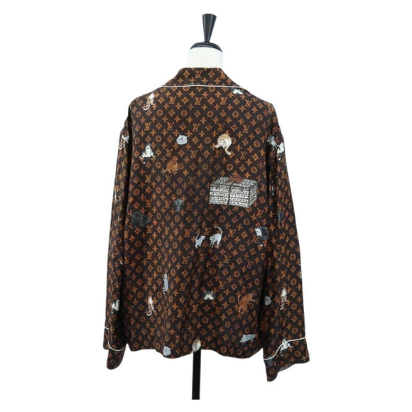 LOUIS VUITTON Catgram Long Sleeve Shirt Silk 40 Brown LV Auth ar14094