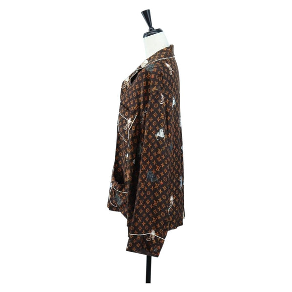 LOUIS VUITTON Catgram Long Sleeve Shirt Silk 40 Brown LV Auth ar14094