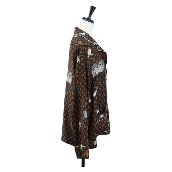 LOUIS VUITTON Catgram Long Sleeve Shirt Silk 40 Brown LV Auth ar14094