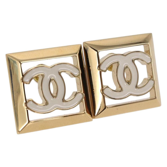 CHANEL Earring Metal Gold Tone White CC Auth ar14117M