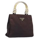 PRADA Hand Bag Nylon Brown Gold Tone Auth ar14174-1