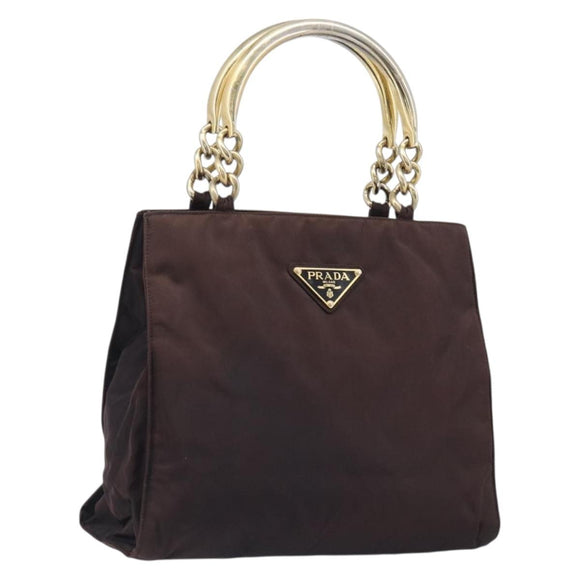 PRADA Hand Bag Nylon Brown Gold Tone Auth ar14174
