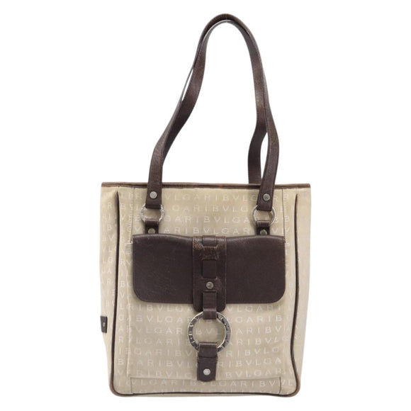 BVLGARI Tote Bag Canvas Beige Silver Auth ar14179