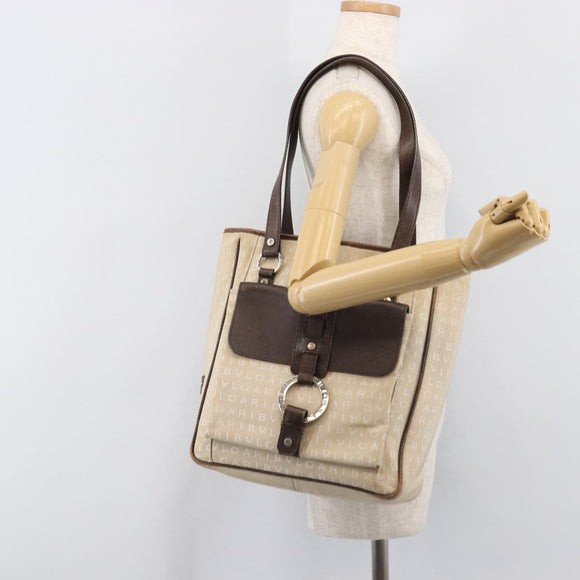 BVLGARI Tote Bag Canvas Beige Silver Auth ar14179