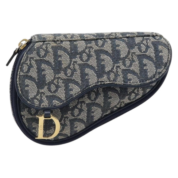 Christian Dior Trotter Canvas Saddle Pouch Navy Gold Tone Auth ar14184