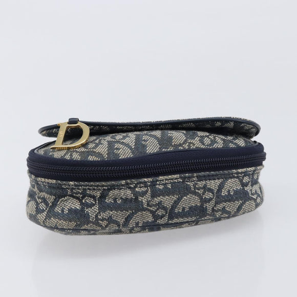 Christian Dior Trotter Canvas Saddle Pouch Navy Gold Tone Auth ar14184