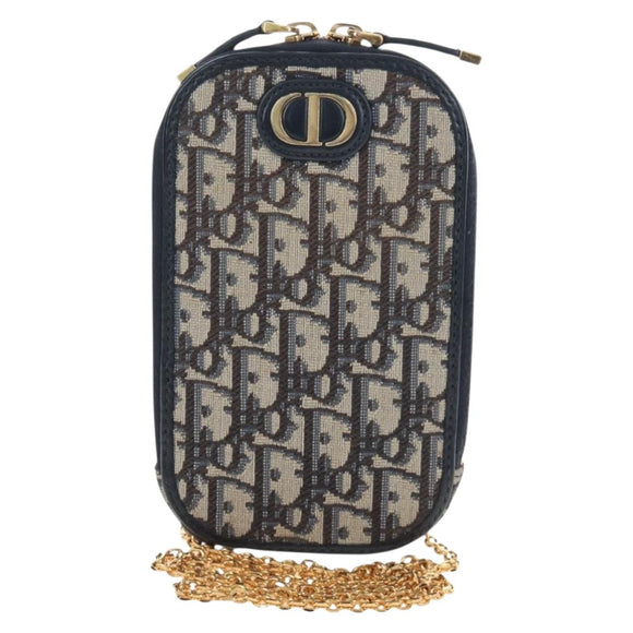 Christian Dior Oblique Jacquard Phone Shoulder Pouch Navy Gold Auth ar14186V