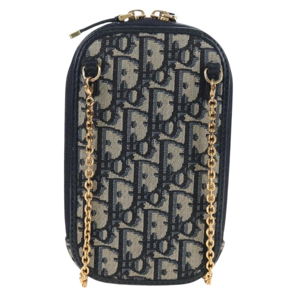 Christian Dior Oblique Jacquard Phone Shoulder Pouch Navy Gold Auth ar14186V