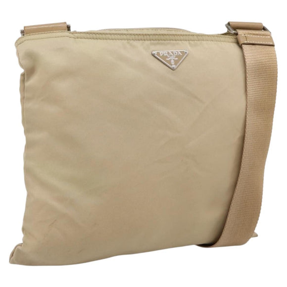 PRADA Shoulder Bag Nylon Beige Silver Auth ar14195
