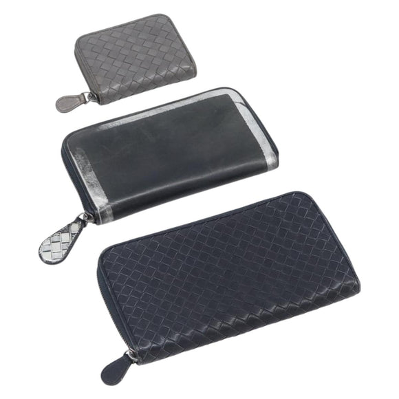 BOTTEGA VENETA INTRECCIATO Wallet Leather 3 Set Black Gray Auth ar14292