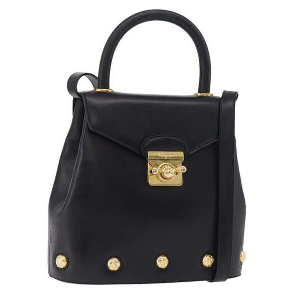 Salvatore Ferragamo Hand Bag Leather 2way Black Gold Auth ar14300