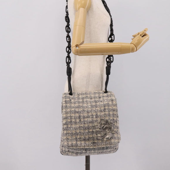 CHANEL Shoulder Bag Tweed Gray Silver CC Auth ar14307SAM