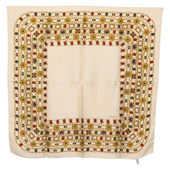 CHANEL Scarf Silk White CC Auth ar14315