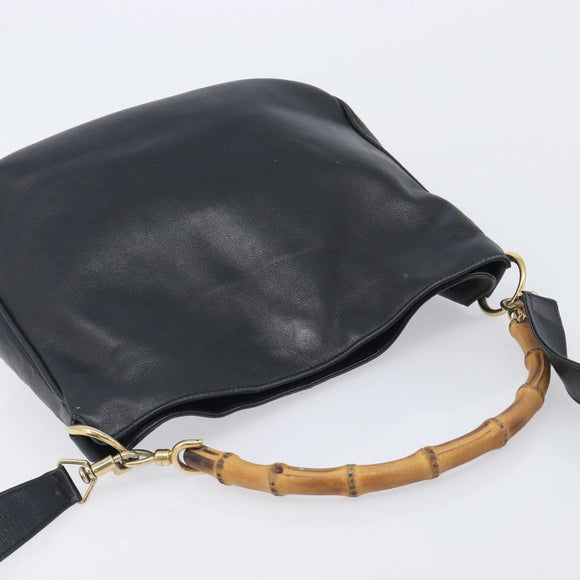 GUCCI Bamboo Hand Bag Leather 2way Black Gold 001 2113 1638 Auth ar14383