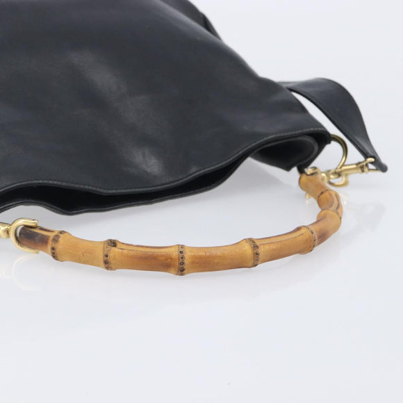 GUCCI Bamboo Hand Bag Leather 2way Black Gold 001 2113 1638 Auth ar14383