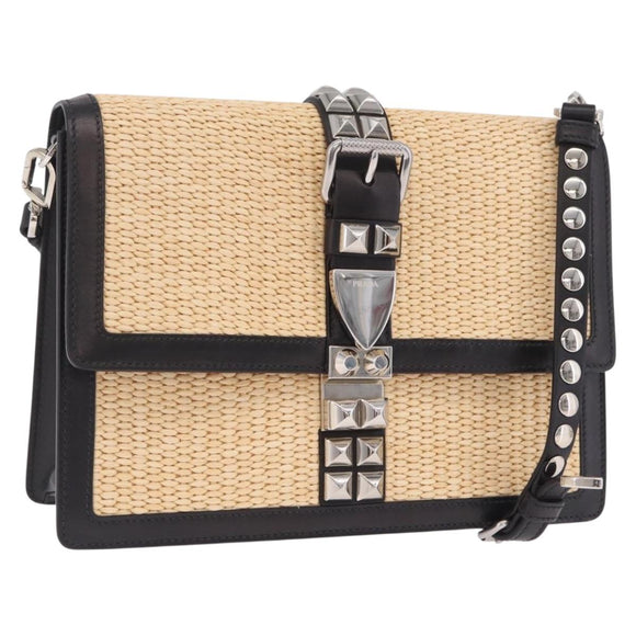 PRADA Studs Electra Shoulder Bag Raffia 2way Beige Silver Auth ar14444V