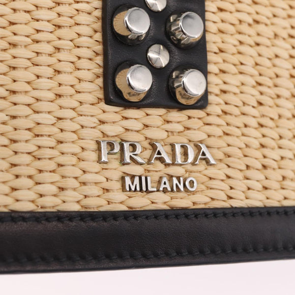 PRADA Studs Electra Shoulder Bag Raffia 2way Beige Silver Auth ar14444V