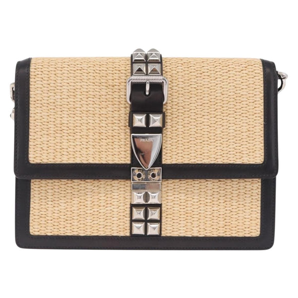 PRADA Studs Electra Shoulder Bag Raffia 2way Beige Silver Auth ar14444V