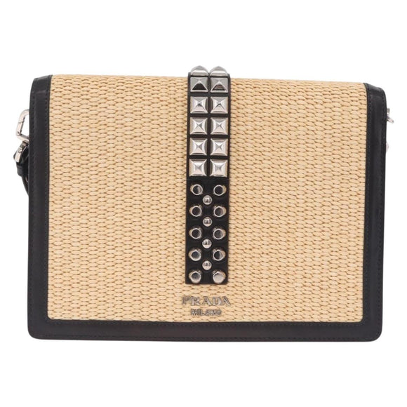PRADA Studs Electra Shoulder Bag Raffia 2way Beige Silver Auth ar14444V