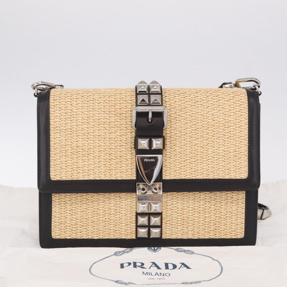 PRADA Studs Electra Shoulder Bag Raffia 2way Beige Silver Auth ar14444V