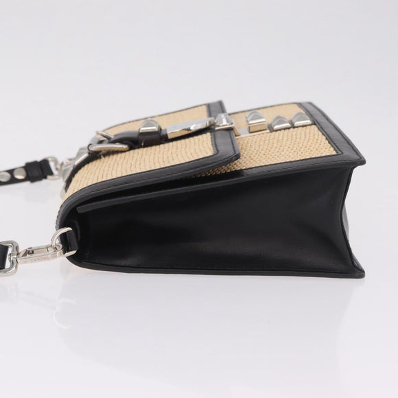 PRADA Studs Electra Shoulder Bag Raffia 2way Beige Silver Auth ar14444V
